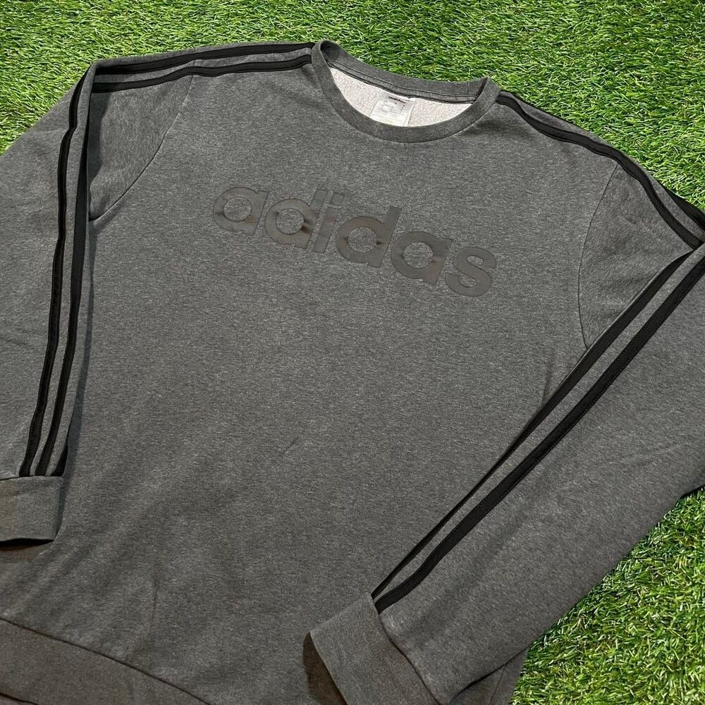 Adidas men's grey and black logo fleece pullover sweatshirt Size L light wear